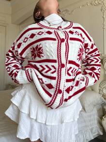 Flirla Christmas Vibe Red Jacquard Knit Plus Size Plus Size Cardigan Sweater Coat, Long Sleeve For Autumn/Winter - Multicolor - View 7