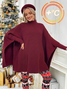 SHEIN Maternity High-Neck Batwing Sleeve Solid Color Casual Sweater - Burgundy - View 6