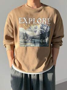 DAZY Men's Casual Mountain & Letter Print Drop Shoulder Relaxed Fit Sweatshirt, Spring/Fall - Camel - View 1