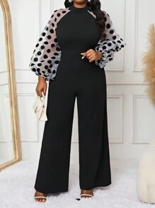 SHEIN Lady 秋冬季优雅复古工作鸡尾酒会办公室波尔卡圆点黑白圆领撞色网眼新品大码连体裤 - 黑與白 - 查看 5