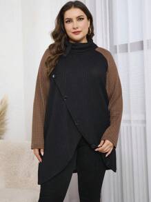 Mulvari Plus Size Casual Colorblock Raglan Long Sleeve Wrap T-Shirt, Autumn/Winter Fall Cloth For Women - Multicolor - View 3