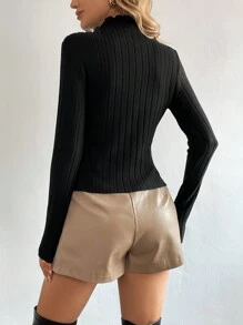 SHEIN Clasi 女士休闲纯色罗纹针织立领修身 T 恤，秋季 - 黑色 - 查看 2