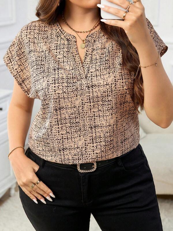 SHEIN Clasi Plus Size Elegant Fashion Women's Printed Shirt, Suitable For Work And Teacher Attire, For Summer