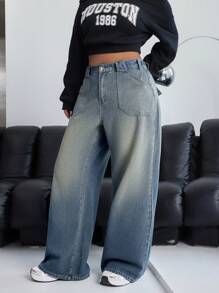 大码女式口袋宽松阔腿休闲百搭牛仔裤 - 淺色水洗藍 - 查看 7