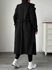 SHEIN EZwear Plus Size Solid Color Double-Breasted Casual Trench Coat, Autumn