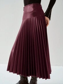 Enchnt Elegant Burgundy PU Pleated Skirt,Autumn Winter Women's Clothing, Frenchy Casual Workwear,Dining,Halloween & Christmas Party New Years Skirt - Burgundy - View 5