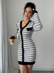 Chiquease 法式 V 领条纹长袖修身女式常规针织连衣裙，百搭秋冬季 - 黑與白 - 查看 3