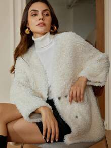 Zanirela Solid Color Mink Velvet Overcoat, New Loose Slouchy Anti-Age Thickened V-Neck Faux Jacket Fall Cloth For Women - White - View 6