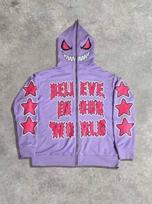 Manfinity EMRG Plus Size Men's Autumn/Winter Letter & Star Print Hooded Zip-Up Sweatshirt