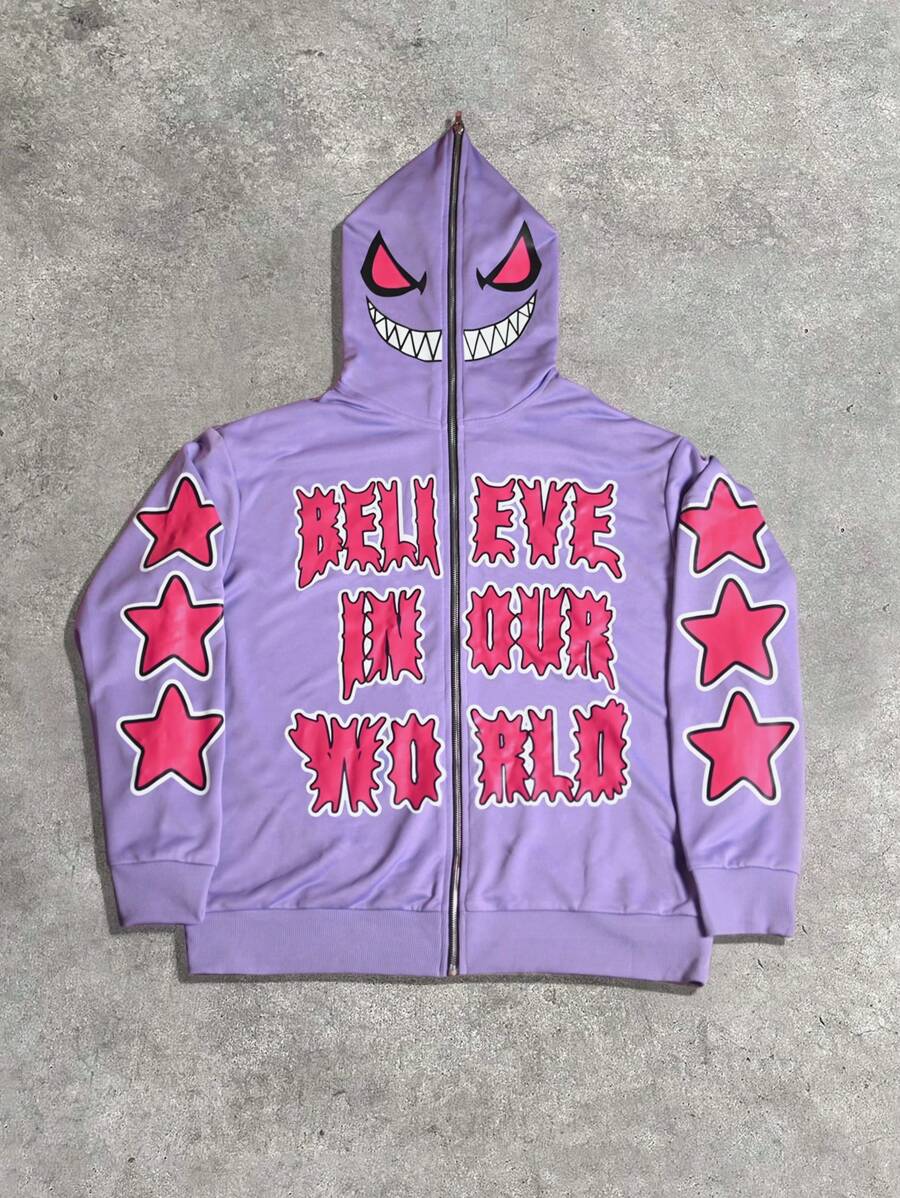 Manfinity EMRG Plus Size Men's Autumn/Winter Letter & Star Print Hooded Zip-Up Sweatshirt