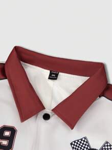 Manfinity EMRG 大码男士字母印花长袖单排扣休闲夹克，秋季外出时尚彩色图案赛车深红色夹克，适合朋友、丈夫、男朋友的礼物 - 彩色 - 查看 7