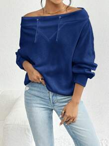 SHEIN Privé Của phụ nữ Màu thuần Một  vai Thiết kế Dây rút Tay áo dài Áo nỉ - Màu xanh lam - Xem 4