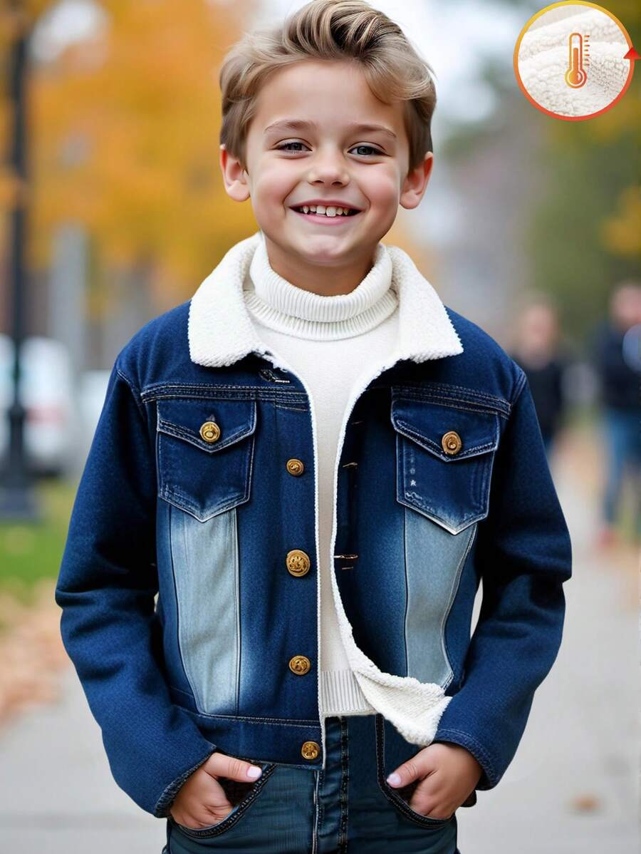SHEIN 1pc Young Boy Casual Thick Fleece Denim Jacket, Autumn/Winter - Blue - View 1
