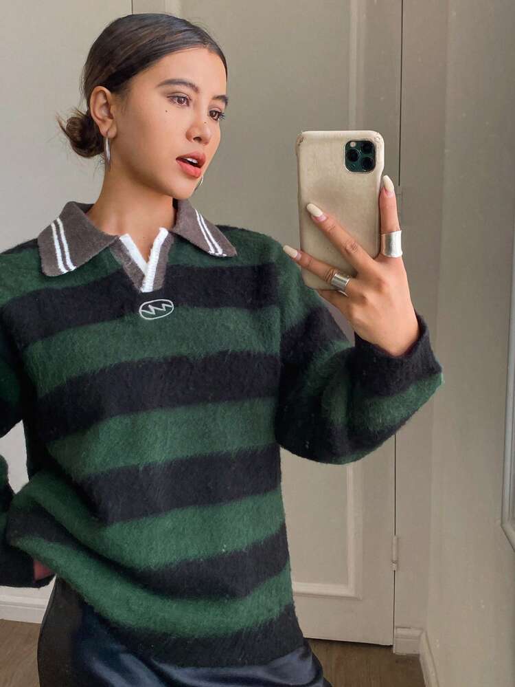 Women Striped Color Block Fuzzy Polo Collar Loose Sweater Fall,Winter