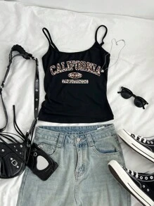Attitoon Áo ba lỗ bó sát không tay họa tiết da báo "CALIFORNIA" cổ điển, giản dị và gợi cảm dành cho nữ - màu đen - Xem 3