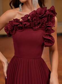 Elitara 1pc Asymmetrical Neck Pleated, Handmade 3D Floral Decor Women's Formal Evening Dress (Heavy Embellished), Elegant Prom Gown, For Wedding Guest, Graduation, Dinner, Party Dress