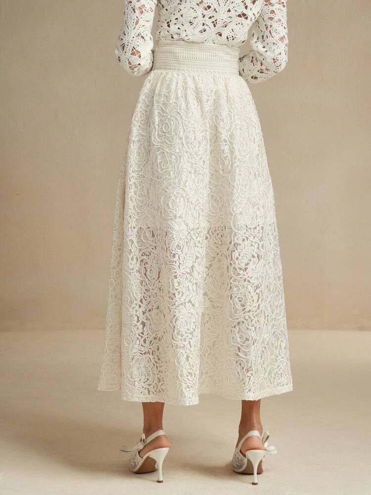 Women High Waist Floral Lace Jacquard Sheer Layered Skirt, Elegant Design