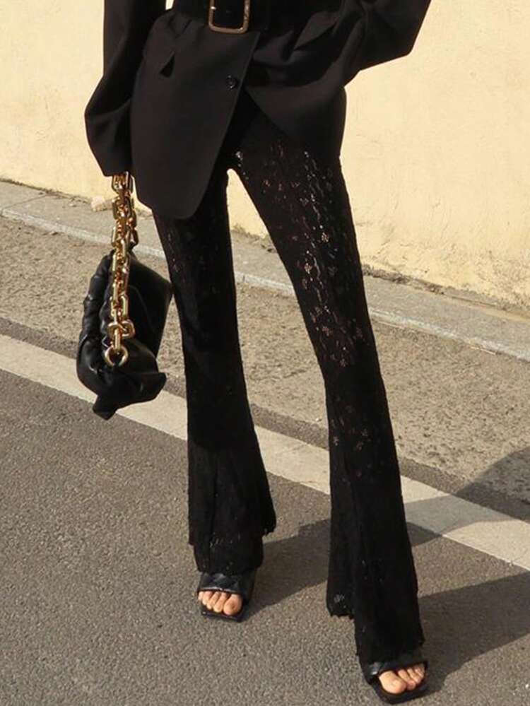 Women's Lace Trim Fitted Flare Leg Pants, Sexy Design, Black, All Season Fall
