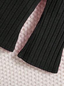 SHEIN Leap Crew 女婴针织拼色长袖上衣和松紧腰喇叭裤套装，秋冬 - 黑與白 - 查看 7