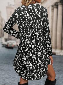 SHEIN LUNE 休闲全印花长袖 A 字下摆连衣裙，秋季 - 黑色 - 查看 2