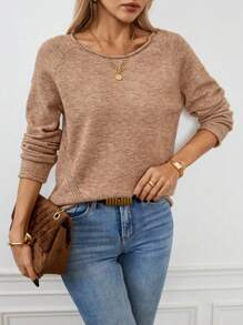 SHEIN LUNE Suéter de punto de manga raglán de unicolor, cuello redondo, bajo acanalado, estilo casual para mujer en otoño e invierno - Camel - Ver 6