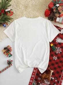 INAWLY Weihnachts-Cartoon-Hund-Muster Rundhals Kurzarm T-Shirt Grafik Tops für Frauen - Weiss - Übersicht 2