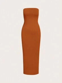 SHEIN BASICS Đầm dự tiệc tối giản dị không dây ôm vừa vặn dành cho nữ - màu nâu - Xem 3