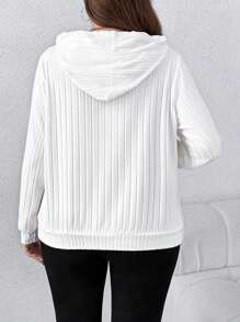 SHEIN LUNE 大码女式休闲通勤毛绒条纹针织圆领长袖运动衫，秋季 - 白色 - 查看 2