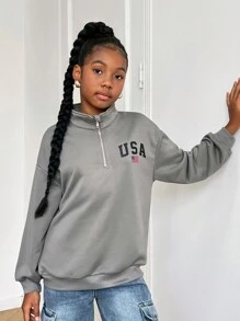 SHEIN Sudadera de manga larga cómoda con cuello de tripulación y estampado de letras suelta casual para niñas preadolescentes