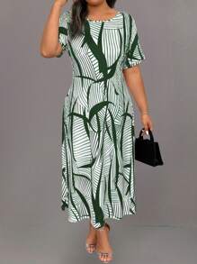 EMERY ROSE 大码女式休闲条纹圆领短袖长裙，夏季长款女装