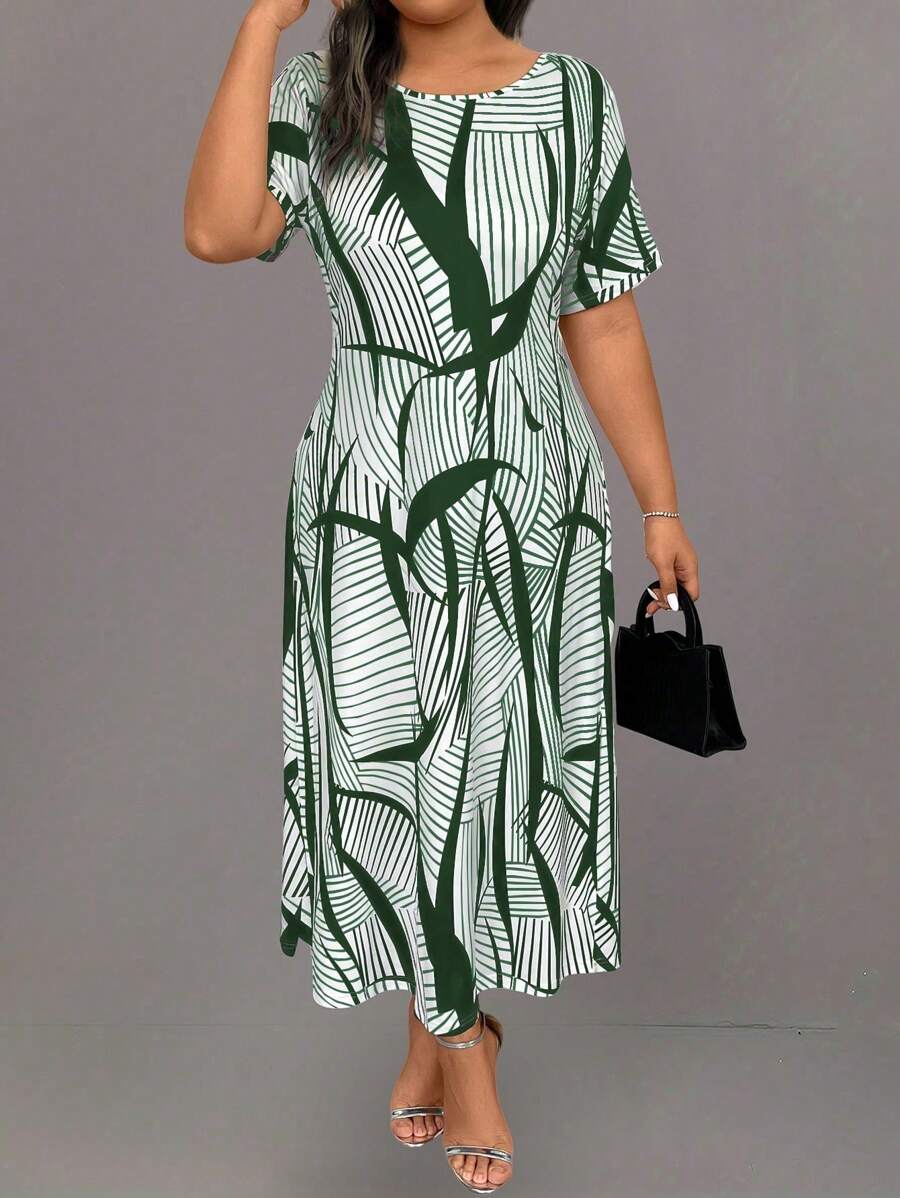 EMERY ROSE 大码女式休闲条纹圆领短袖长裙，夏季长款女装