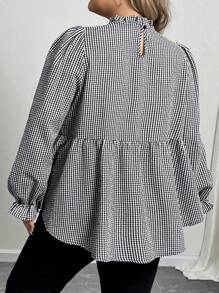 SHEIN CURVE+ Plus Size Autumn Ruffle Trim Plaid Long Sleeve Casual Blouse - Black and White - View 2