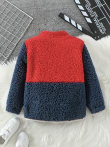SHEIN Young Boy Solid Color Patchwork Zip-Up Long Sleeve Pocket Casual Jacket, Toddler Boy Jacket, Kids Zipper Jackets, Boys Winter Jacket, Fleece Jacket Kids, Color Block Jacket - Red - View 2