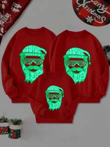 Young Boy Winter Fleece Crew Neck Sweatshirt, Red, Christmas Style With Santa Claus & Fluorescent Green Graphic, Casual Loose Comfortable Streetwear, Family Matching Set