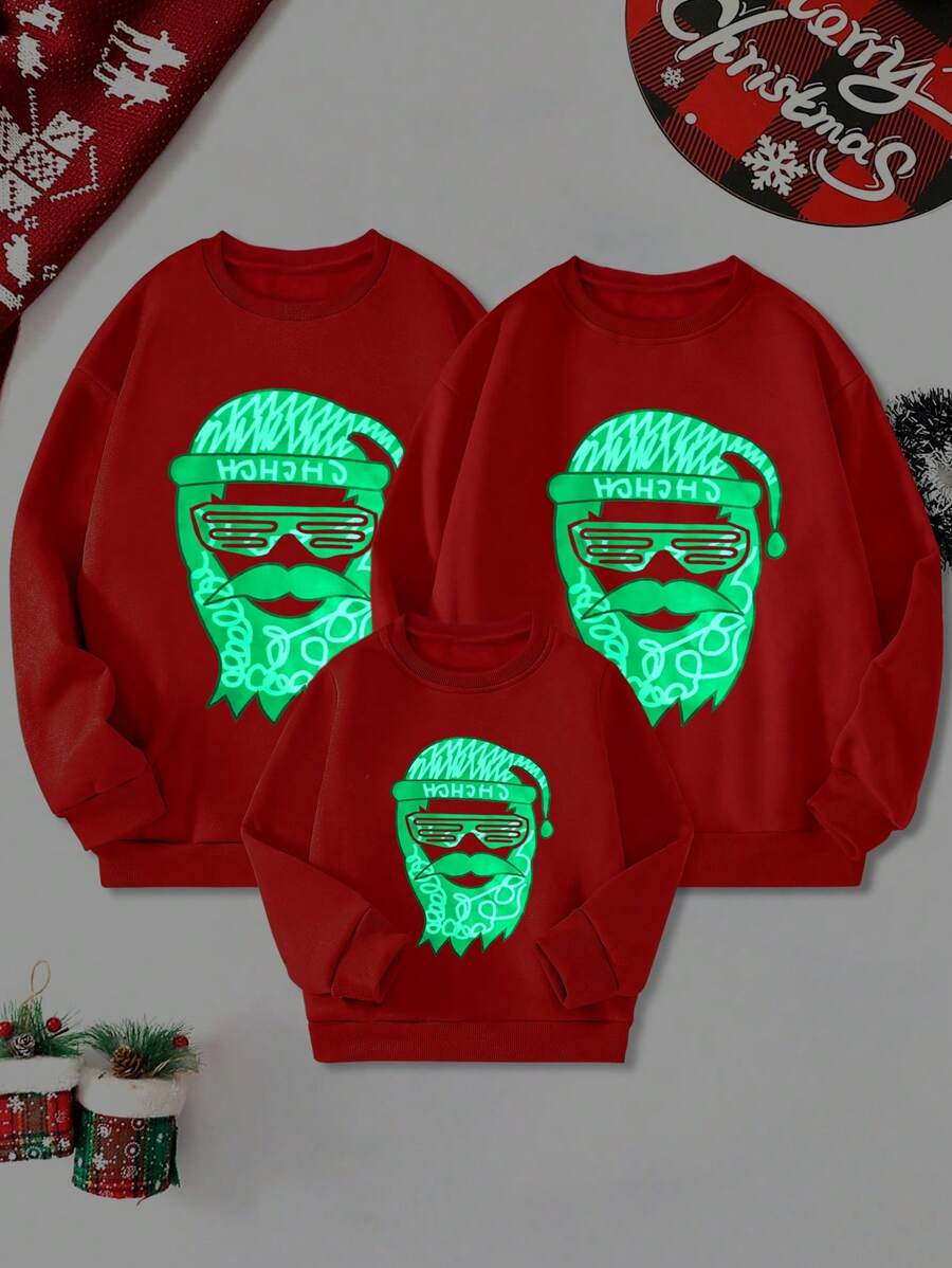 Young Boy Winter Fleece Crew Neck Sweatshirt, Red, Christmas Style With Santa Claus & Fluorescent Green Graphic, Casual Loose Comfortable Streetwear, Family Matching Set