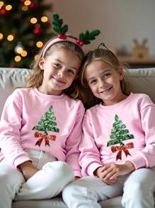 Young Girl Christmas Casual Fashion Cute Cartoon Glitter Bow Christmas Tree Graphic Print Crew Neck Sweatshirt - Pink - View 3