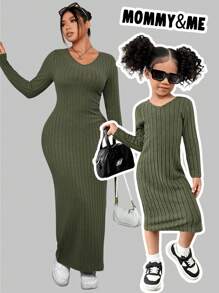 SHEIN SLAYR KIDS SLAYR KIDS Đầm midi cổ chữ V cho bé gái Mommy & Me, co giãn và thoải mái cho bé gái/bé gái, tuyệt vời để mặc thường ngày và hàng ngày cũng như đi học hàng ngày vào mùa xuân và mùa thu, phù hợp cho mẹ và con gái, phù hợp cho chị em và tôi - màu xanh lá - Xem 1
