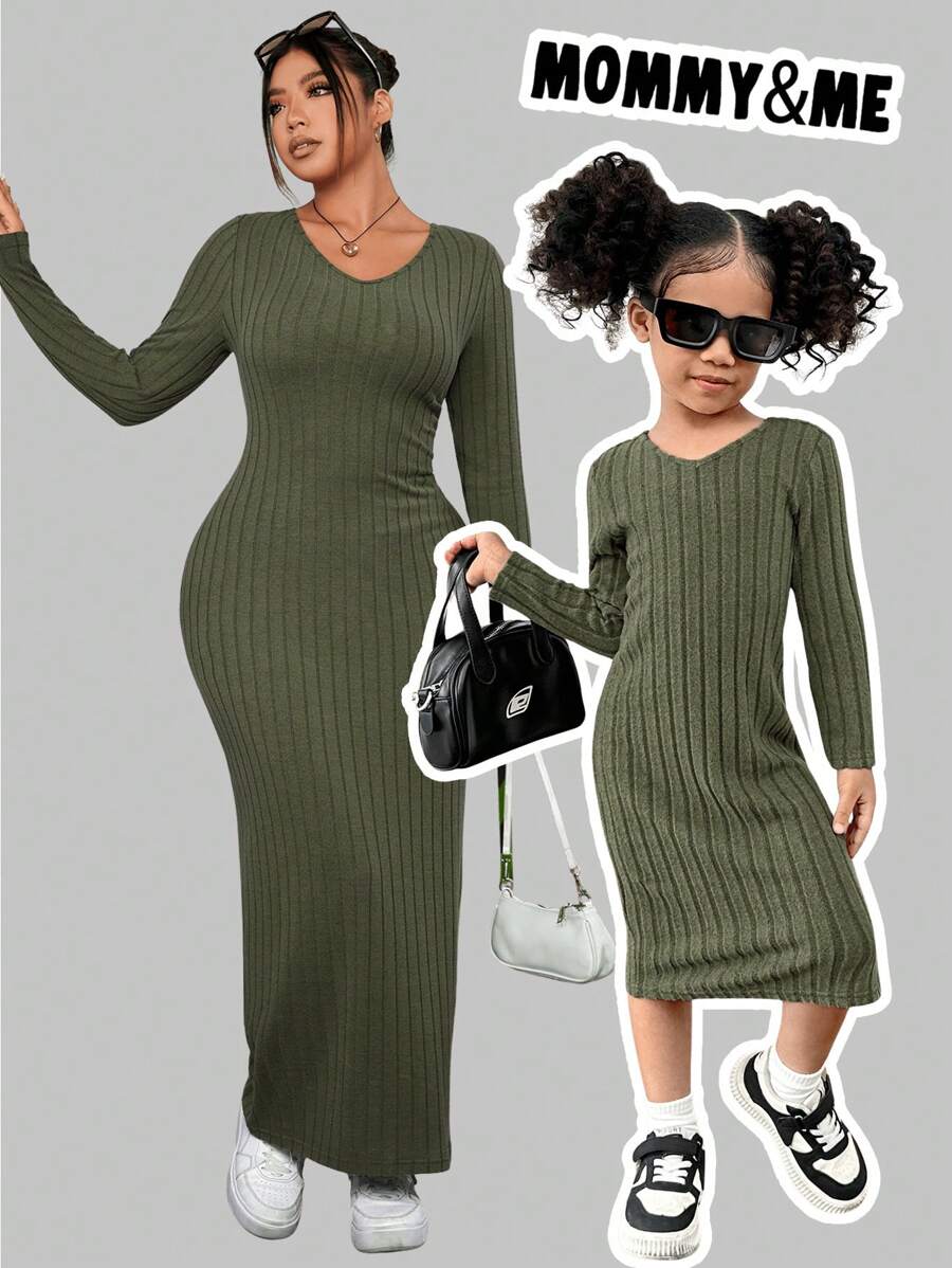 SHEIN SLAYR KIDS SLAYR KIDS Đầm midi cổ chữ V cho bé gái Mommy & Me, co giãn và thoải mái cho bé gái/bé gái, tuyệt vời để mặc thường ngày và hàng ngày cũng như đi học hàng ngày vào mùa xuân và mùa thu, phù hợp cho mẹ và con gái, phù hợp cho chị em và tôi - màu xanh lá - Xem 1