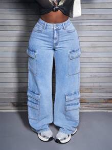 SHEIN Slayr Pantalones vaqueros de carga rectos con ajuste relajado y lavado para mujer - Azul - Ver 3
