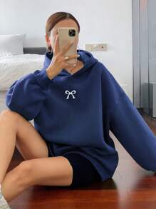DAZY 1件装休闲加厚纯色连帽卫衣，长袖上衣，秋季女装，保暖内衬 - 霧霾藍 - 查看 3