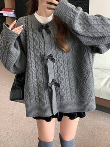 DAZY Women Casual Bowknot Decor Drop Shoulder Loose Cardigan, Autumn/Winter,Long Sleeve Tops,Fall Women Clothes