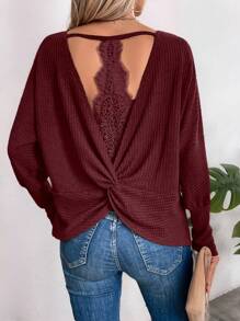 SHEIN LUNE Camiseta casual y versátil con espalda hueca y empalme de encaje texturizado