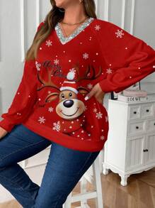SHEIN LUNE Christmas Element Plus Size Women Casual V-Neck Raglan Sleeve Long Sleeve Hoodie Sweatshirt, Suitable For Autumn & Winter