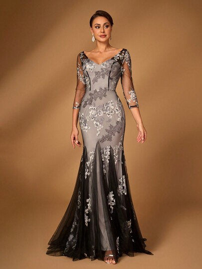 Serin Elegant Luxurious Black And Gray Embroidered Sequin Lace Patchwork Stretch Satin Pleated Mermaid Dress For Wedding, Party, Vacation, Prom Dress Prom Mother Of The Bride Evening Dress (Heavy Craftsmanship)