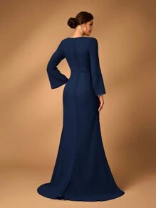 Serin Vestido de mujer elegante de gris y rosa con tela de gasa, cuello redondo, manga larga transparente, detalle de pliegues, apliques de lentejuelas, bajo con cola de pez, adecuado para que las madres asistan a ceremonias de boda, eventos, fiestas y ocasiones formales como madre de la novia