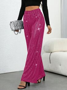 Chiquease Damen Glitzer Straight Leg Hose für Party & Feiertage, Herbst/Winter Partykleidung für die Feiertage - Heißes Pink - Übersicht 4