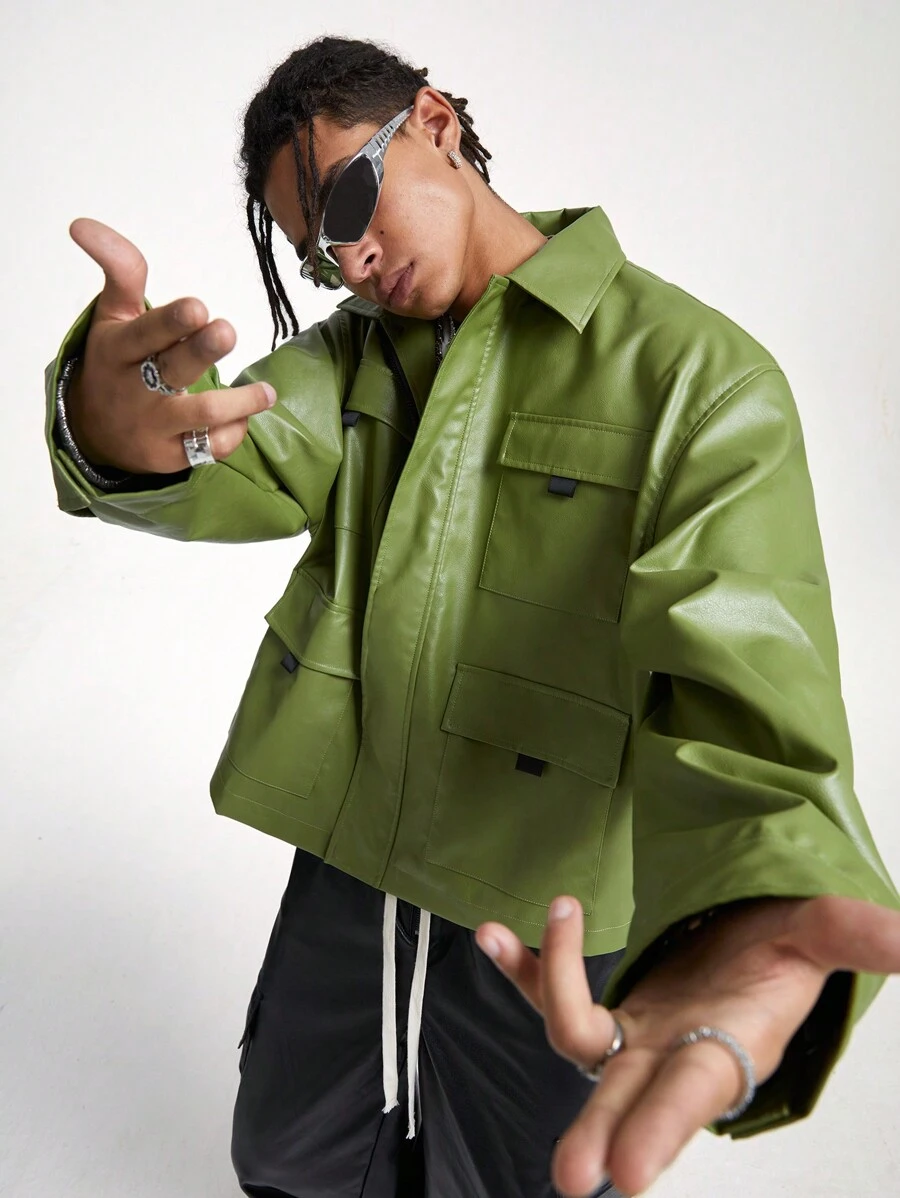 Manfinity VCAY Áo khoác nam tay dài giản dị có túi nút phía trước - màu xanh lá - Xem 1