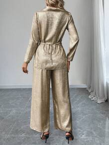 Chiquease Set de 2 piezas que incluye blusa casual y elegante con cuello, manga larga y diseño de cintura cruzada, talla grande pantalones de pierna ancha, para el otoño y fiestas de Año Nuevo