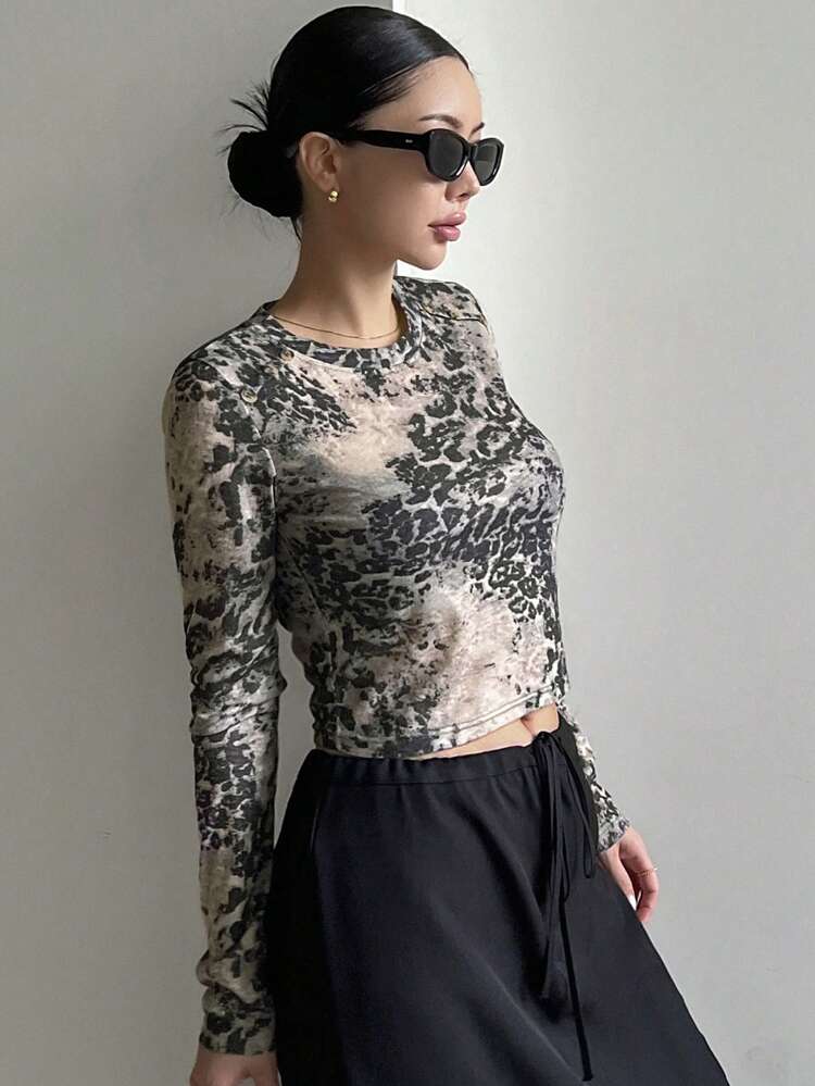 Allover Floral Print Fitted Short Round Neck Long Sleeve Women T-Shirt Sheer,Fall Clothes