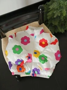 SHEIN Young Girls' Cute Colorful Floral/Flower Pattern Holographic Zip Up Thermal Padded Coat,Great For Casual & Daily Wear & School Daily In Summer & Autumn - Multicolor - View 3